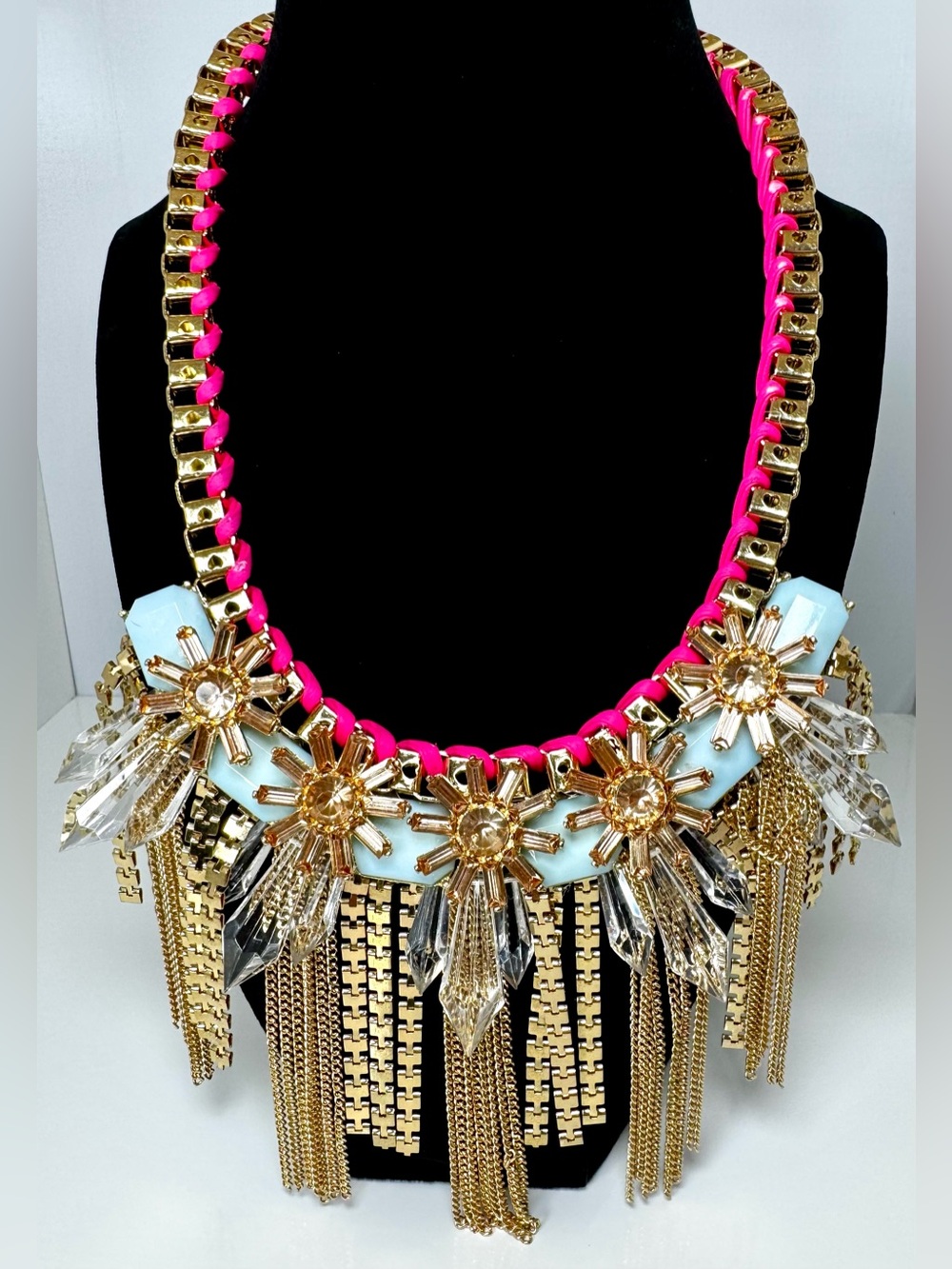 Statement Gold-tone & Hot Pink Floral Fringe & Crystal Necklace #1735
